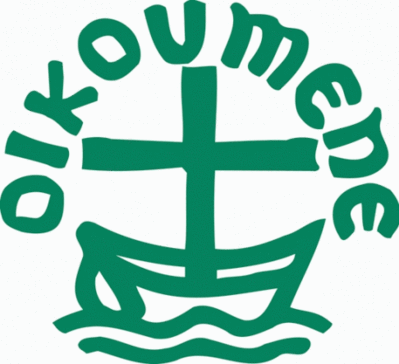 Green ecumenical logo with cross, boat, and "oikoumene" text